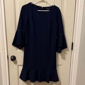 Roz & Ali Dark Blue Long Sleeve Dress with Flounce Hem